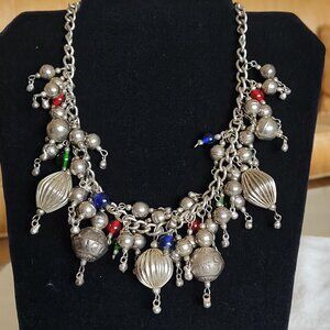Vintage Silver Dangle Charm & Beaded Disco Statement Choker Necklace